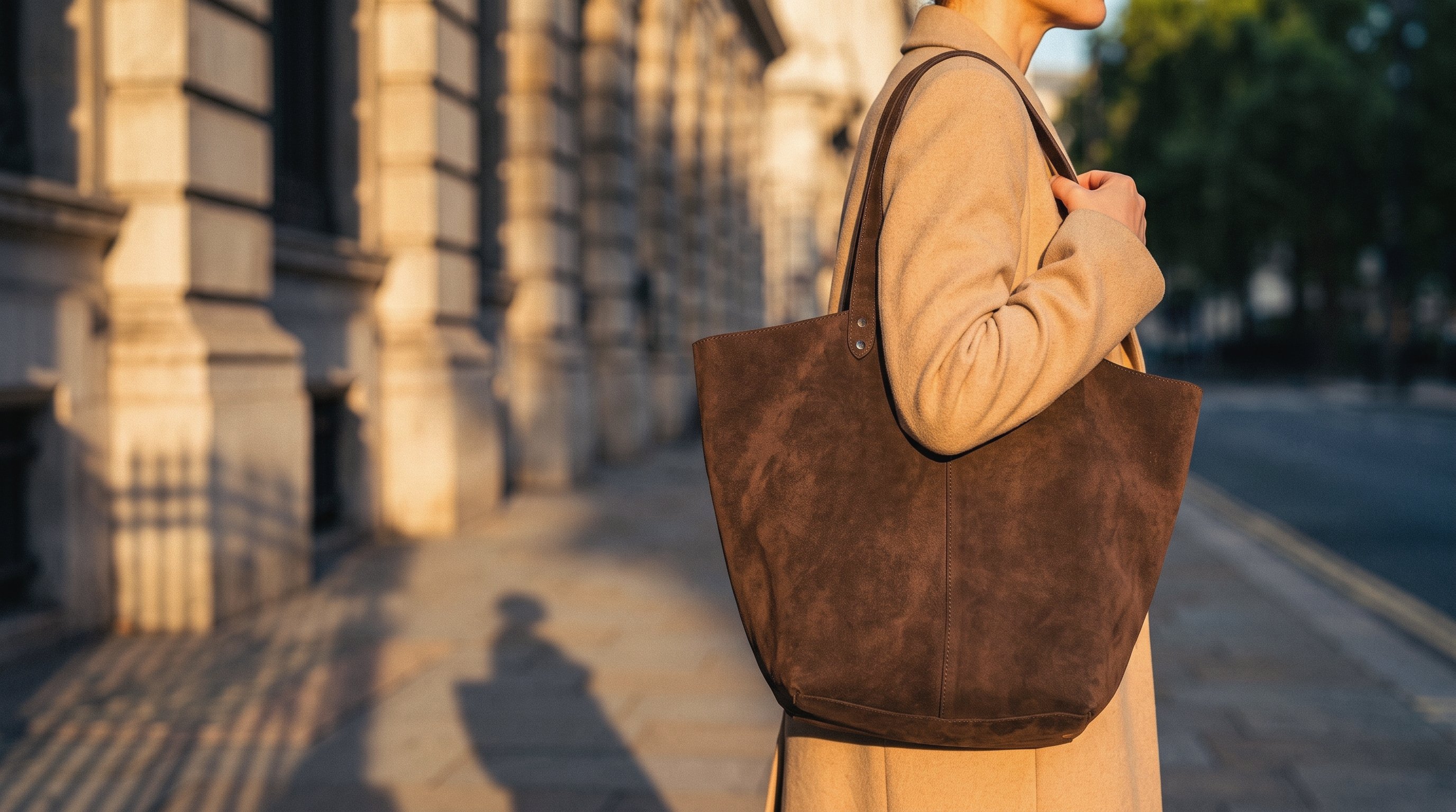 The SHIKOLO bag carried at the shoulder, walking, shot from the side.